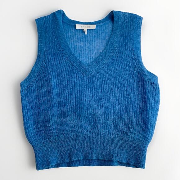 Frame Denim Sweaters - FRAME Sweater Top Small Shrunken Mohair Vest Blue Cropped Knit V-Neck Orig $255